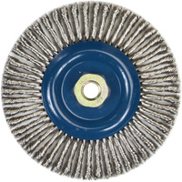 Brosse &agrave; fils nou&eacute;s pour cordons de soudure pour meuleuse angulaire, Dia. 6", Fils 0,02", Arbre 5/8"-11, Acier inoxydable D. Morneault & Fils