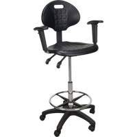 Tabouret ergonomique robuste avec accoudoirs r&eacute;glables et roulettes en nylon, Mobile, Ajustable, 39" - 48", Polyur&eacute;thane Si&egrave;ge, Noir D. Morneault & Fils