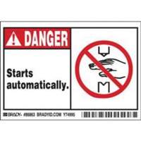 Enseigne Danger Starts Automatically, 3-1/2" x 5", Polyester, Anglais avec pictogramme D. Morneault & Fils